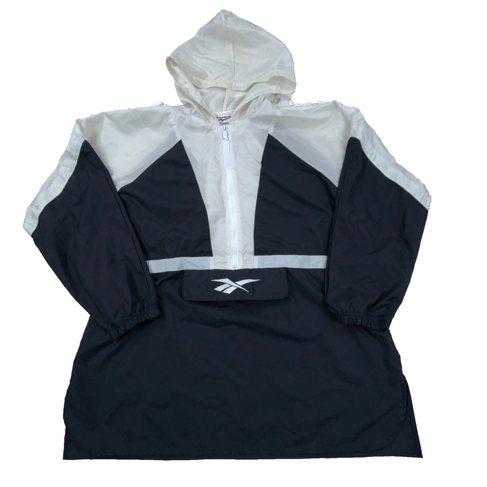 Vintage Reebok Jacket Men Medium Black Pullover Windbreaker Track Anorak 90s *